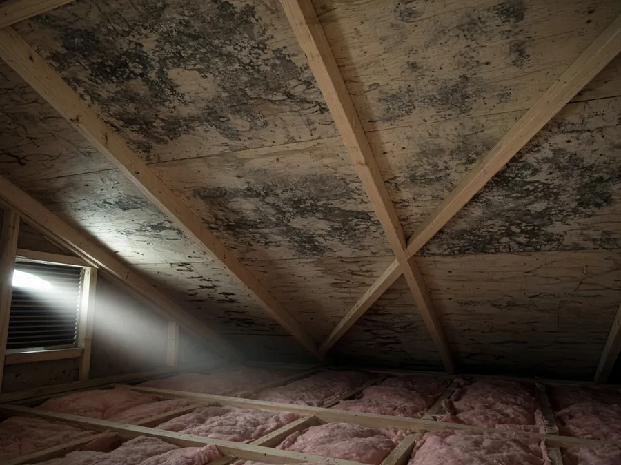 Dark mold growth on attic roof sheathing between wooden rafters