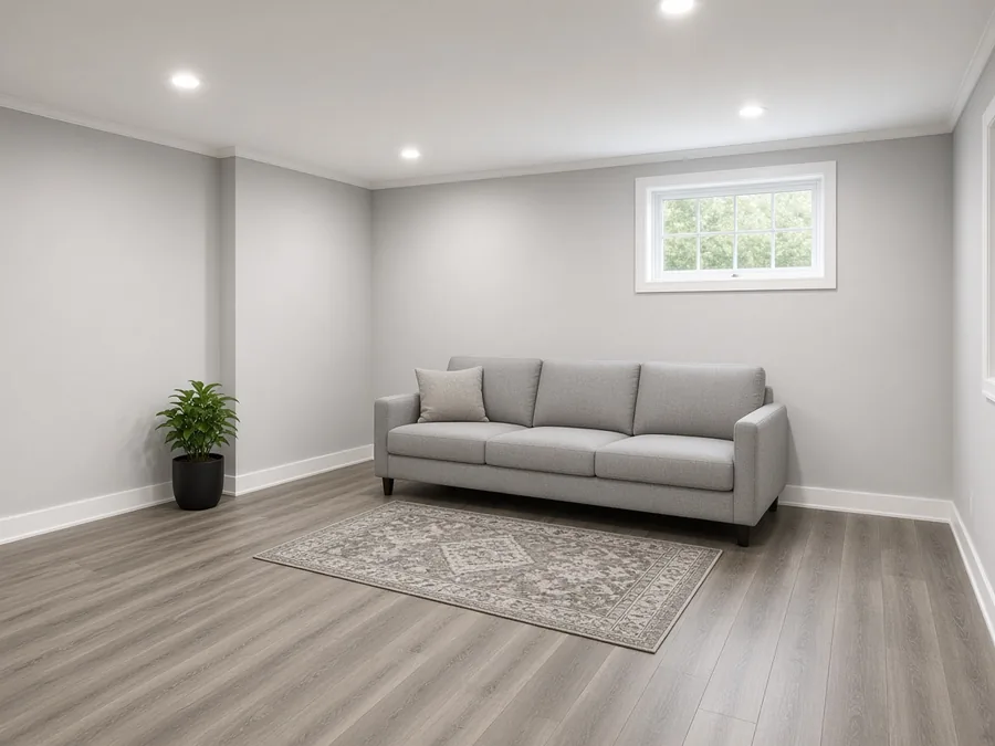 Clean, dry finished basement with light walls and flooring