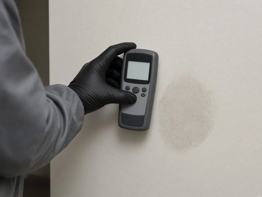 Gloved hand holding a moisture meter against a stained basement wall