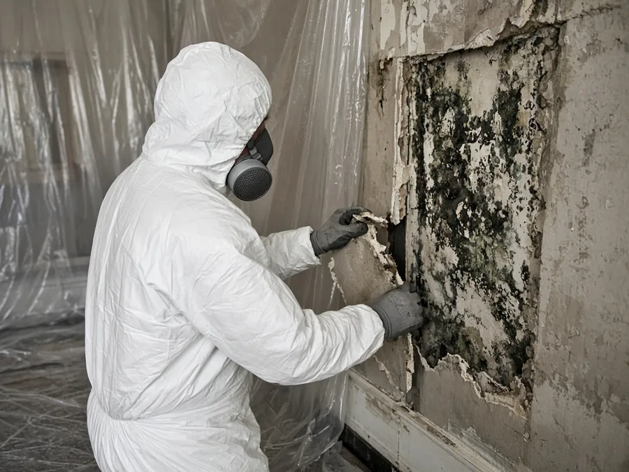 Worker in a protective suit and respirator removing a moldy section of drywall