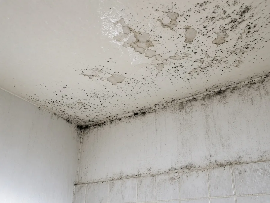 Close-up of mold spots spreading across a damp bathroom ceiling